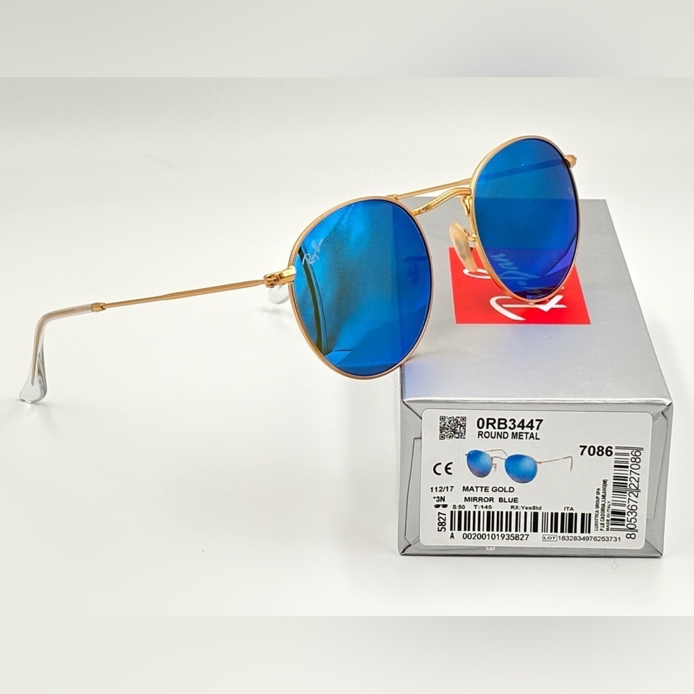 Ray-Ban Lennon Sunglasses RB3447 Round Classic Gold Frame Blue Flash Mirror - Picture 15 of 15